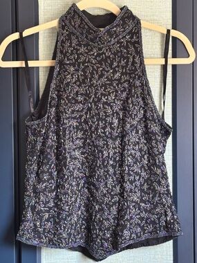 Vintage Papell Boutique Black Silk Fully Beaded High Neck Formal Top, Size S
